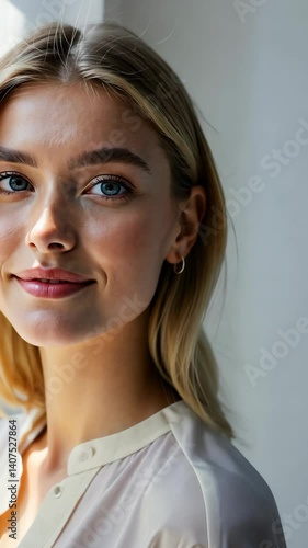 Close-up portrait of a beautiful young woman with blond hair and striking blue eyes posing in soft, natural light by a window indoors