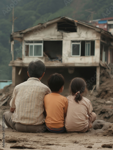 Family Watching Damaged Home, Post-Disaster Scene