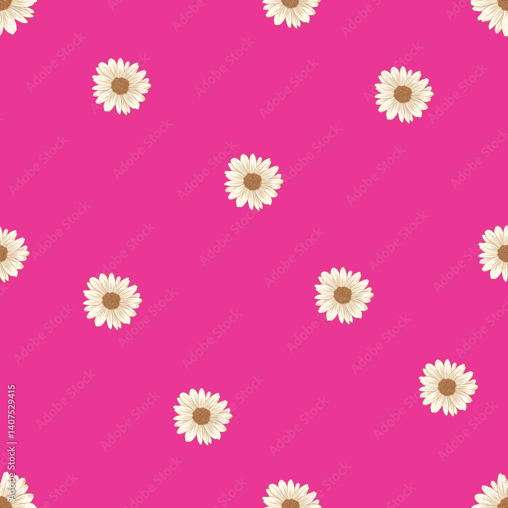 A seamless pattern of white daisies on a vibrant pink background. The close-up shot emphasizes the simple beauty and cheerful vibe, suitable for textile, fashion, or feminine designs. A seamless pattern of white daisies on a vibrant pink background. The close-up shot emphasizes the simple beauty and cheerful vibe, suitable for textile, fashion, or feminine designs.