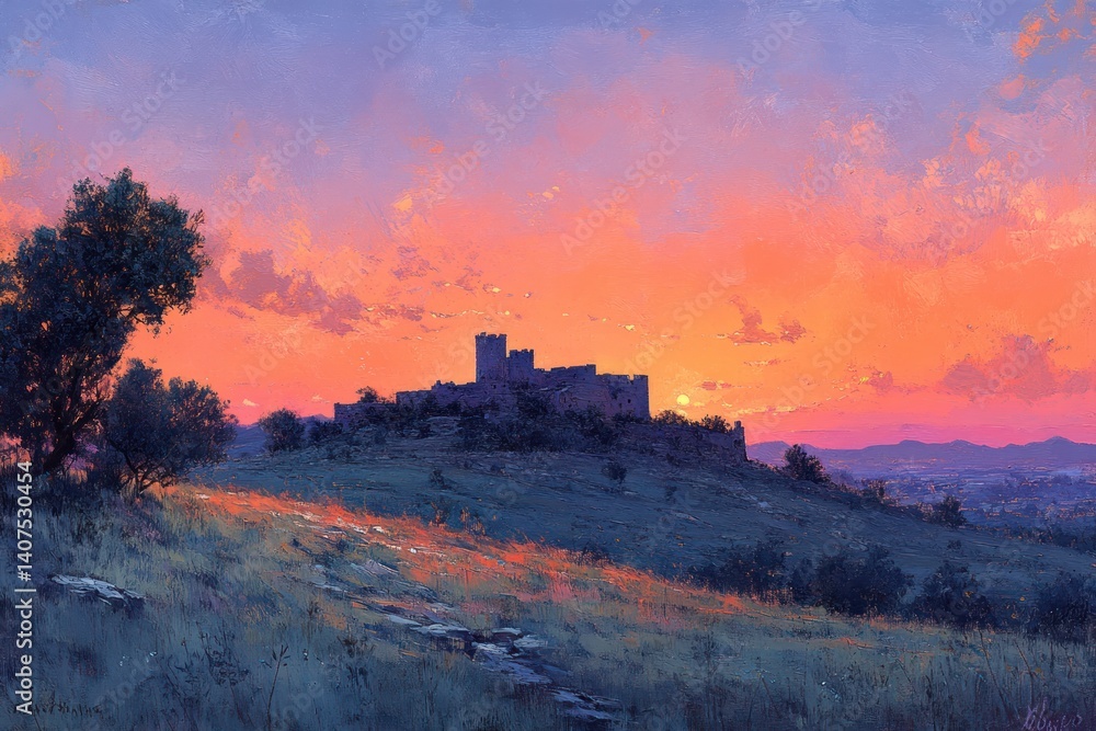 Fototapeta premium Desenberg Ruins at Dusk Serene Landscape with Pastel Sky