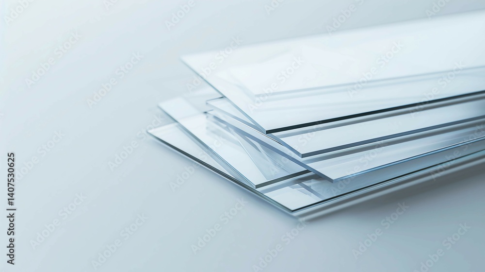 Naklejka premium Stack of transparent glass sheets with subtle etched layers symbolizing hierarchical subcategories, minimalist concept for organization and structure visualization.