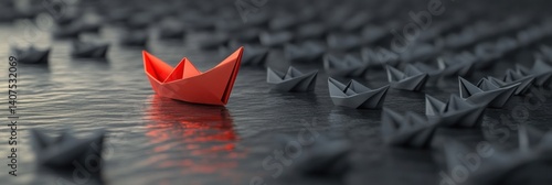 Red Paper Boat Leading Gray Boats in a Sea of Teamwork and Leadership Concept