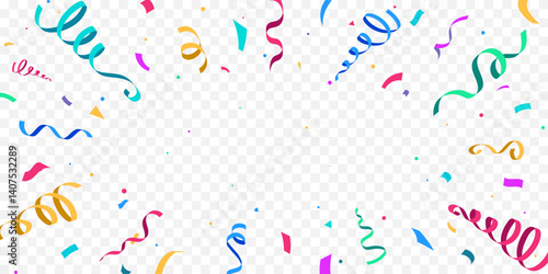 Festive colorful confetti and ribbons on transparent background, party and celebration decoration. Birthday, Holiday, New Year, Carnival festivity, confetti,