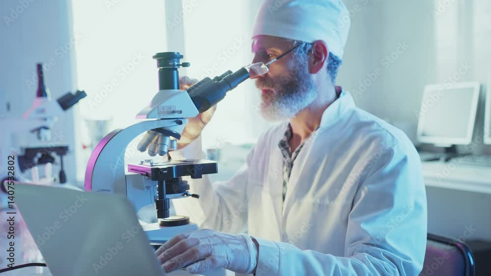 Professional laboratory scientist carefully analyzing biological sample under microscope while documenting research findings on laptop within contemporary scientific workspace Professional laboratory scientist carefully analyzing biological sample under microscope while documenting research findings on laptop within contemporary scientific workspace