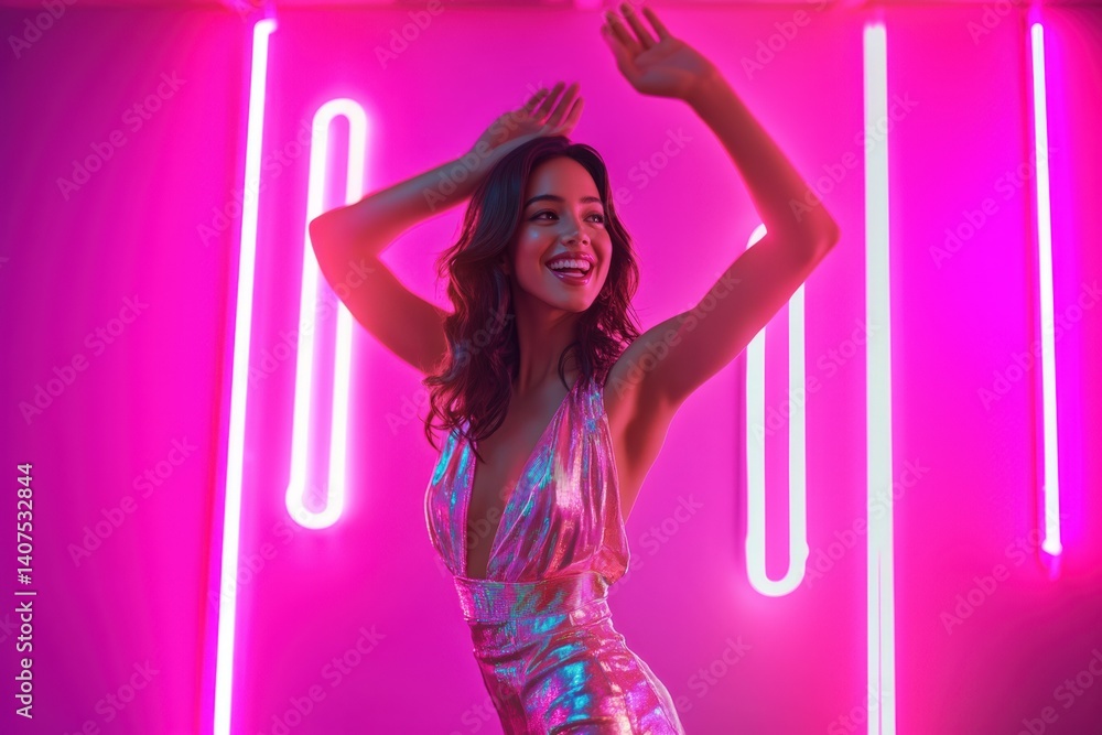 Energetic dancing woman at neon party night photo.Fictional Character Created By Generative AI