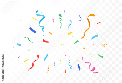 Festive colorful confetti and ribbons falling on transparent background, celebration and event decor. Celebration carnival ribbons, confetti, Holiday, birthday.