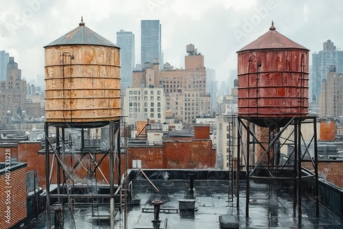 Rooftop Water Towers Vintage Scene in New York City Manhattan