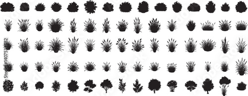 set of bush grass shrub herb silhouette vector transparent background