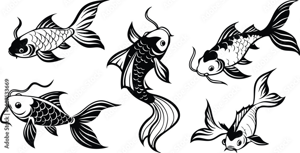 Fototapeta premium Black and white vector set of koi fish silhouette a white background.