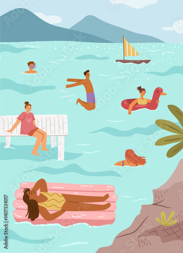 Female and male characters resting by seaside, people swimming and suntanning, using inflatable mattresses and circles. Woman siting on pier, man jumping into water. Summer vocation and recreation