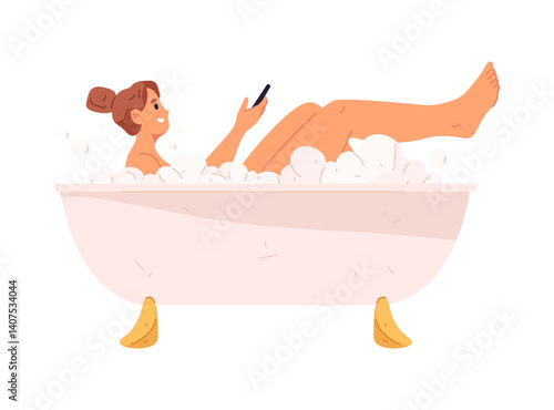 Female personage scrolling smartphone and social media while soaking in bathtub with bubbles. Vector flat cartoon character resting. Isolated woman in soapy water relaxing. Daily routine