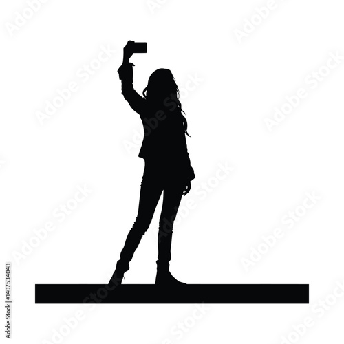 A Woman Taking selfie simple minimal black silhouette on a white background