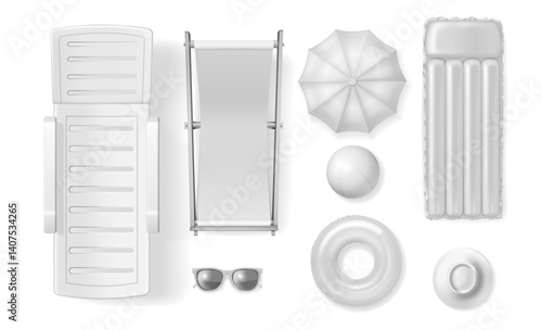 Summer vacation and beach elements for resting on resort. Vector realistic style, isolated set of blank parasol and lounge chair for rest. Eyeglasses and ball, hat and lifebuoy for summertime