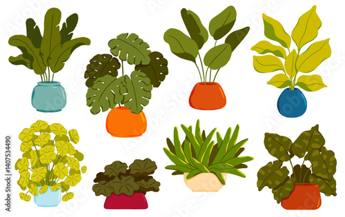 Home plants in flowerpot. Collection of indoor plants. Decorative natural elemen Houseplants isolated. Hand drawn. Set collection. Green, blue, pink, brown, beige pastel colors. Print, poster, banner.