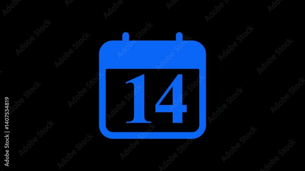 Animation of the date 14 on cyan color calendar on a black background. Animation of the date 14 on cyan color calendar on a black background.