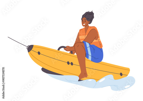 Man riding banana boat with steering wheel. Vector isolated male character smiling and having fun on summer holiday. Water activities and recreation, funny and extreme hobby of personage