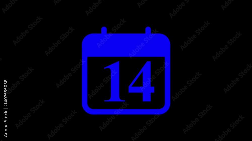 Animation of the date 14 on blue color calendar on a black background. Animation of the date 14 on blue color calendar on a black background.