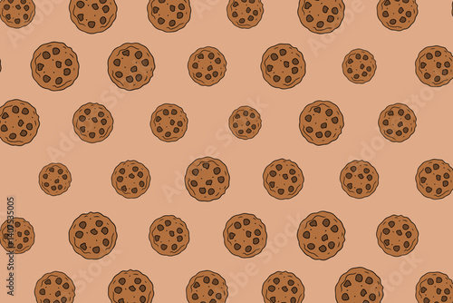 Vector illustration cute seamless pattern, background with chocolate chip cookie. Freshly baked choco cookie icon. Food pattern