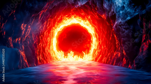 Fototapeta Naklejka Na Ścianę i Meble -  Glowing lava tunnel burning with molten rock and fire in a dark cave