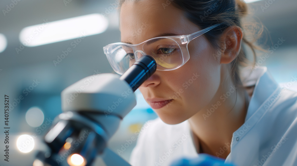Female scientist analyzing DNA under a microscope in lab Female scientist analyzing DNA under a microscope in lab