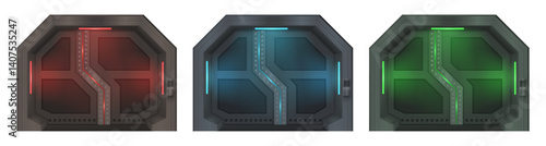 Futuristic metal sliding spaceship door. Vector in realistic style, isolated set of steel gateway for aircraft, space station, secret lab. Game design and interior of scenery. Corridor entrance