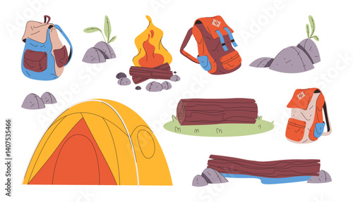 Camping and hiking accessories for trip and traveling. Vector in flat style, isolated set of backpack, tent and bags. Logs and nature elements, adventure and wilderness, active lifestyle hobby
