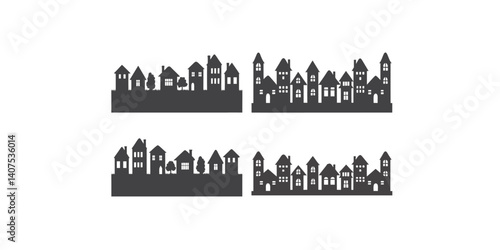 Print  Town and village houses on skyline. Silhouette of small buildings in neighborhood on white background.