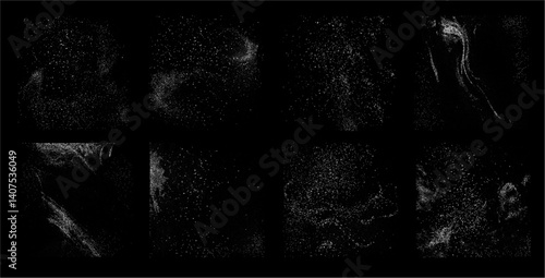 Grainy effect shapes and splashes of dust, flashes of powder or sand with particles. Vector isolated realistic traces on surface, dots particles and grungy stardust item for art, home decor