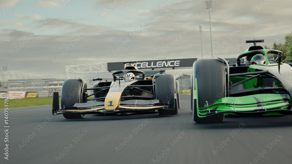Zoom out of nose of car with number 1 to reveal a generic race car overtaking another car. Dynamic front view shot. 3d animation rendering. New 2025 black and gold race car design