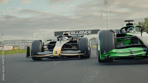 Zoom out of nose of car with number 1 to reveal a generic race car overtaking another car. Dynamic front view shot. 3d animation rendering. New 2025 black and gold race car design