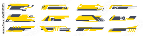 Modification mark or racing stripes for race cars and sports vehicles. Vector in flat style, isolated set of empty templates for motor transport, stickers or decals logotypes for competition