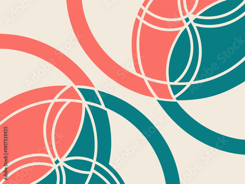Abstract Geometric Artwork Interlocking Circles in Coral and Teal