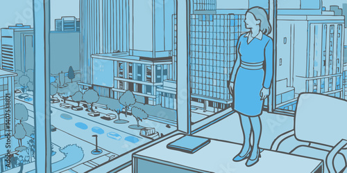 Successful Businesswoman Looking Out at Cityscape from Office Window