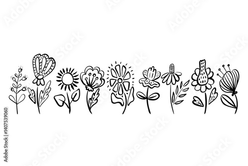 Hand-drawn black and white floral border with whimsical doodle style flowers and leaves, perfect for coloring books, decorative designs, crafts, invitations, children's prints, and digital art