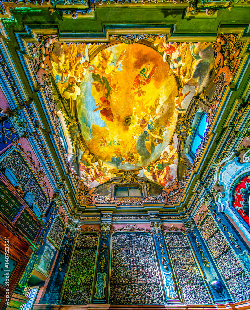 Huge vault frescoe in ossary of San Bernardino alle Ossa Church, Milan, Italy