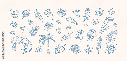 Set of tropical leaves, flowers and wild animal, birds drawing blue ink. Abstract palm, leopard, banana leaf, hibiscus, parrot, exotic plants, plumeria. Minimalist line sketch. Vector illustration.