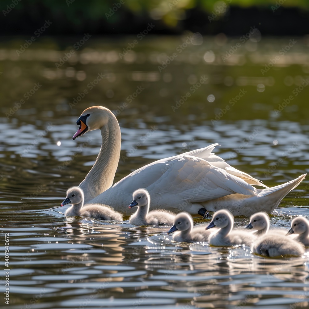 Graceful Swan Swimming with Its Adorable Cygnets in the Serene Lake, Surrounded by Nature Graceful Swan Swimming with Its Adorable Cygnets in the Serene Lake, Surrounded by Nature