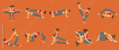 Flat vector illustration of two women doing partner yoga poses in acro yoga style on an orange background. Minimal and colorful design for wellness and fitness themes