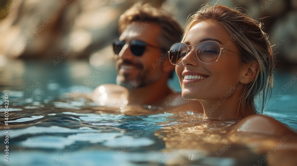 Fototapeta premium Couple relaxes in rocky cove infinity pool