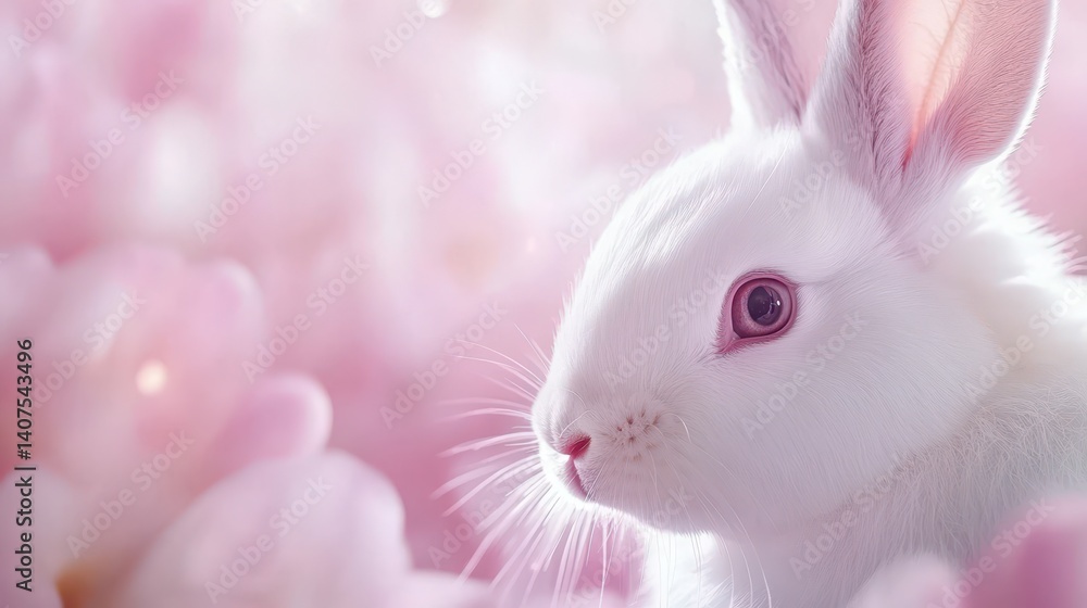 Obraz premium Serene Bunny Amidst the Blossoms: A pristine white bunny, enveloped in a soft pink floral dreamscape, gazes peacefully, symbolizing innocence and spring.