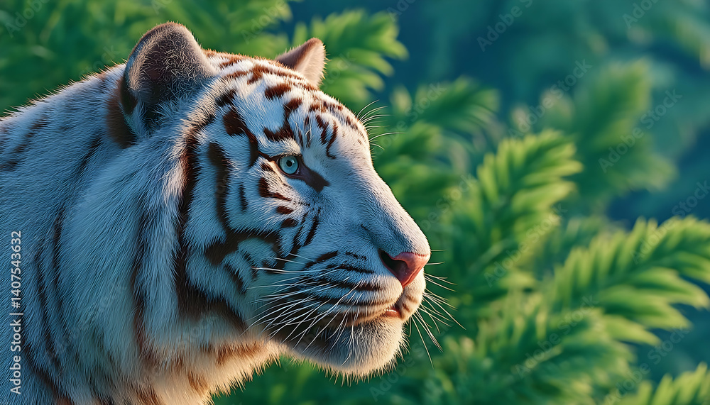 Majestic white tiger's profile, lush green foliage backdrop Majestic white tiger's profile, lush green foliage backdrop