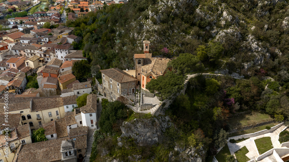 Aerial view of the church of Sant' Antonio, a religious building in Sora, a town in Lazio, Italy, in the province of Frosinone.