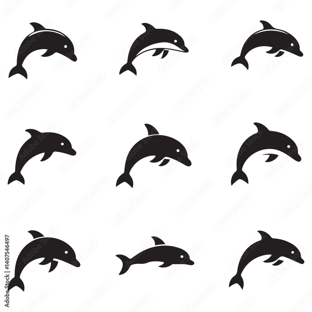 Obraz premium Dolphin fish animal Vector Black silhouettes. Good use for symbol, logo, mascot, web icon, sticker design, sign, or any design you want. Easy to use. with white background