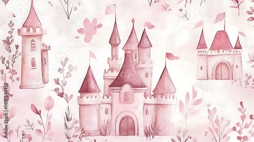 Fantasy land princess tower pastel watercolor magic kingdom story childhood dream fairy home image