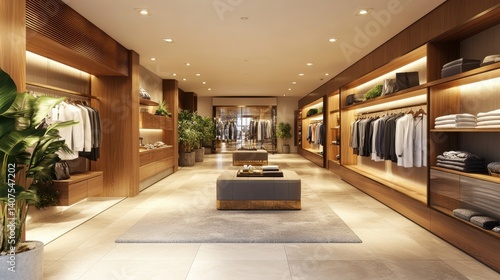 Elegant modern clothing store interior with wooden shelves and soft lighting