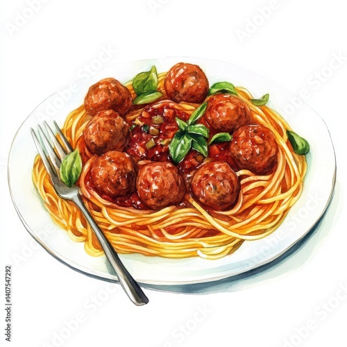 Spaghetti with Meatballs and Tomato Sauce, Food Illustration
