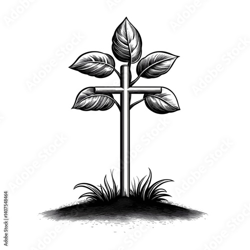 Black and white vector of a tree growing from a cross, vintage engraving art representing new life through Christ