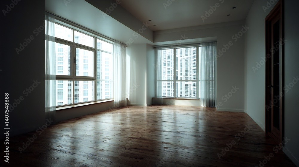 Spacious, sun-drenched interior of an empty modern apartment. Spacious, sun-drenched interior of an empty modern apartment.