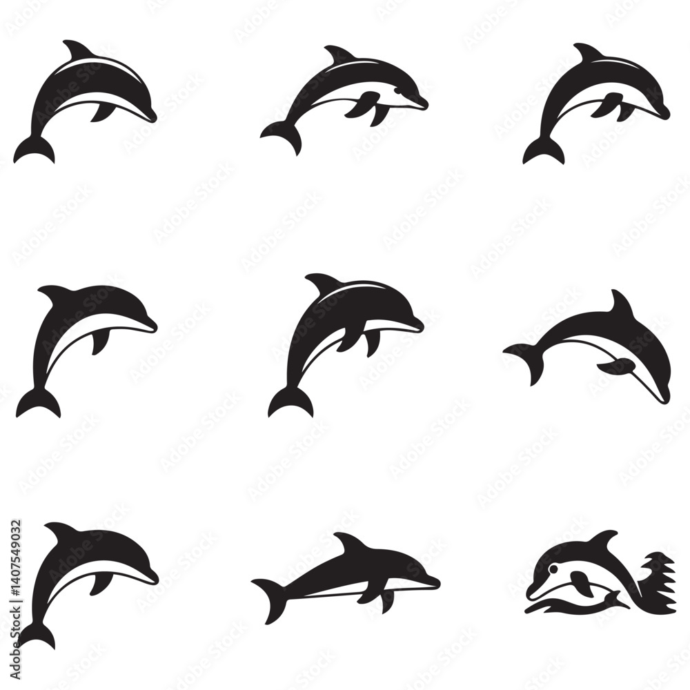 Obraz premium Dolphin fish animal Vector Black silhouettes. Good use for symbol, logo, mascot, web icon, sticker design, sign, or any design you want. Easy to use. with white background