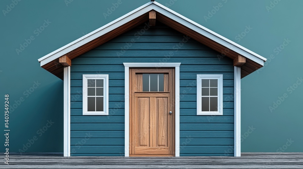 Small blue wooden house with gabled roof and wooden door Small blue wooden house with gabled roof and wooden door